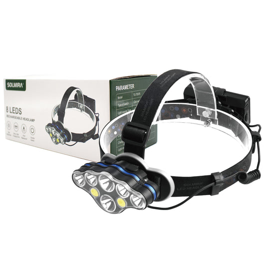 SOLMIRA® Linterna Frontal Recargable, 8 LEDS, 8 Modos, Impermeable IPX4, Carga Rápida, Certificado CE y RoHS