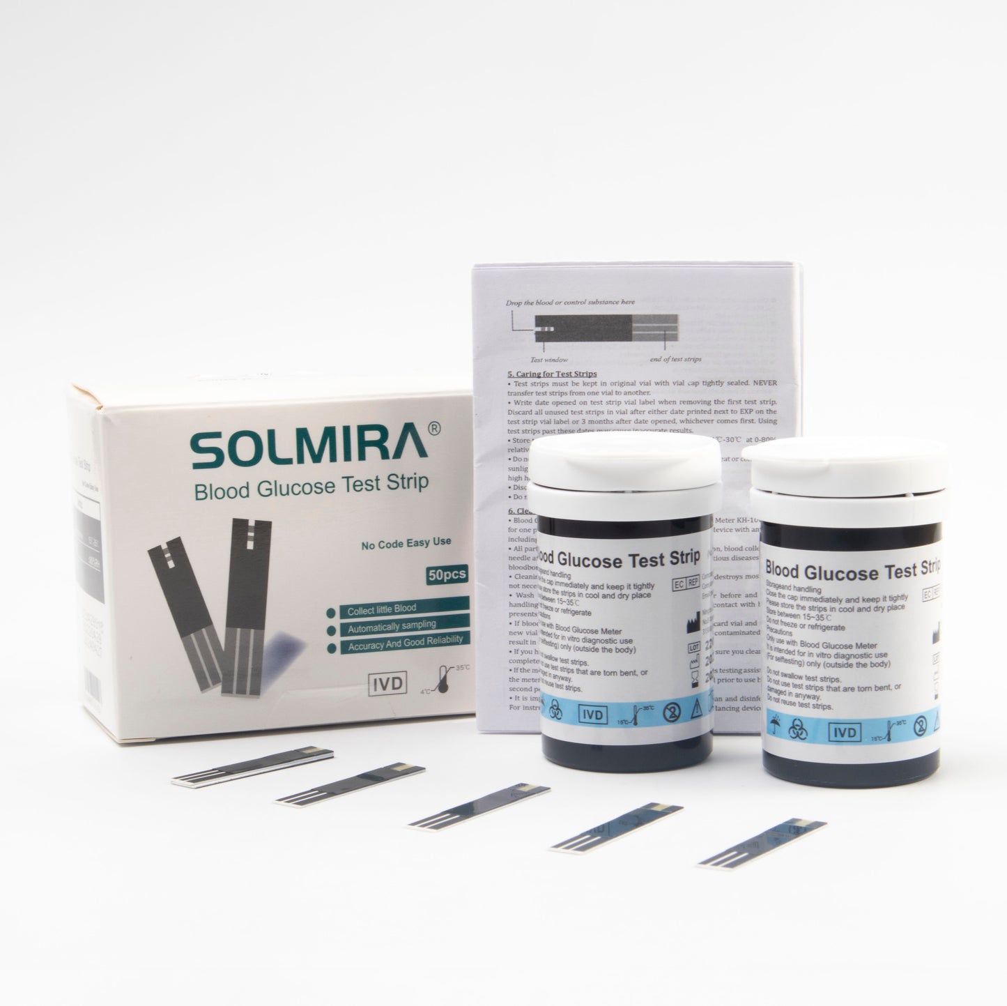 SOLMIRA® 50 Tiras de Prueba de Glucosa no Codificadas y 50 Lancetas