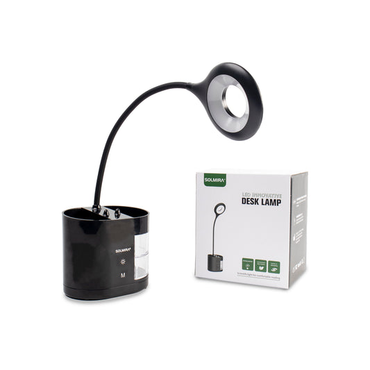 SOLMIRA® Lámpara de Escritorio con Portalápices, 28 LED, Batería de 1800 mAh, Negra, Certificado CE y RoHS