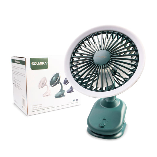 SOLMIRA® Mini Ventilador Portatil de Pinza Verde, Luz Propia, Batería Recargable