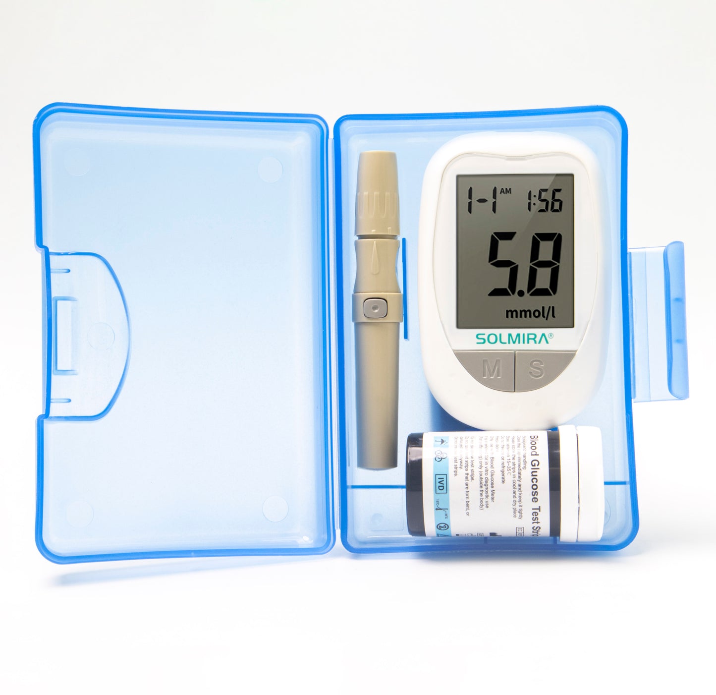 SOLMIRA® Kit de Medición de Glucosa en Sangre. Medidor de Glucosa en Sangre con 50 Tiras de Prueba, 50 Lancetas y Dispositivo de Punción