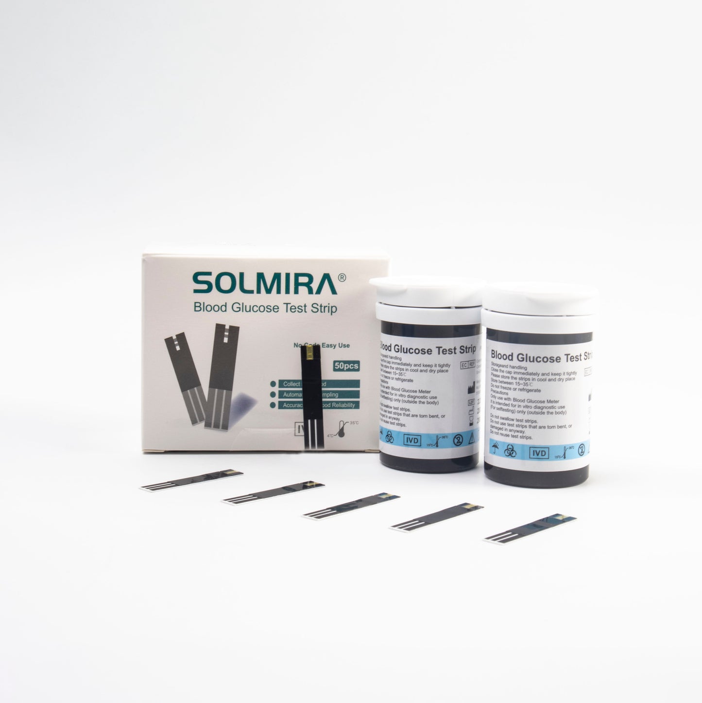 SOLMIRA® Kit de Medición de Glucosa en Sangre. Medidor de Glucosa en Sangre con 50 Tiras de Prueba, 50 Lancetas y Dispositivo de Punción