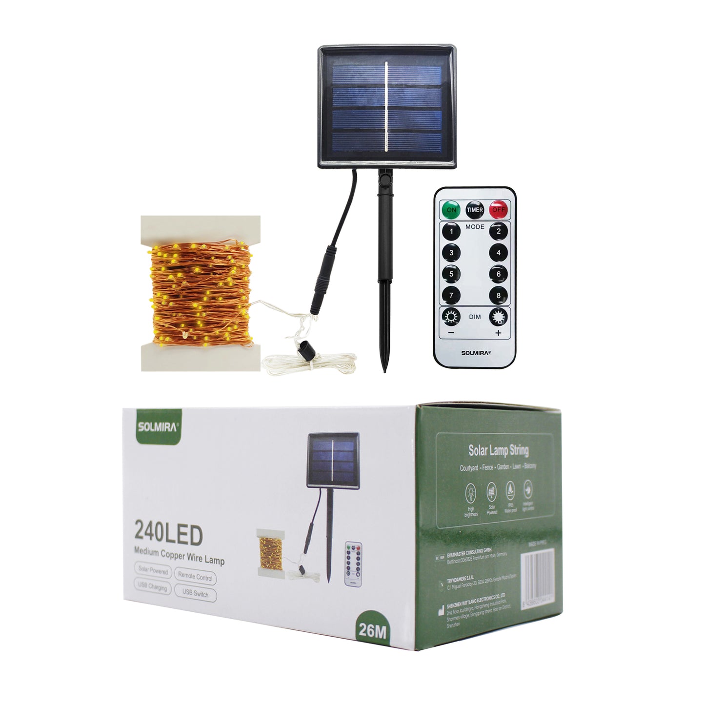 SOLMIRA® Luces Solares LED de Exterior, Cadena de Cobre de 240 LEDs, 8 Modos, Certificado CE y RoHS